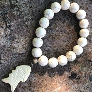 Ivory Beaded Bracelet with Matching Carved Fish Charm